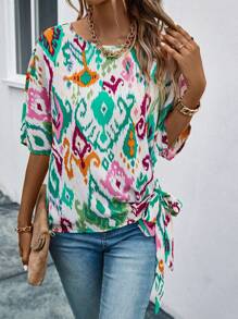 SHEIN LUNE 滿版印花蝙蝠袖側打結襯衫 - 彩色 - 查看 3