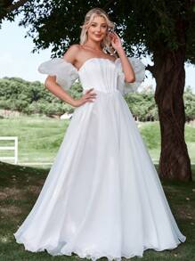 Off Shoulder Puff Sleeve Organza Wedding Dress - White - View 4