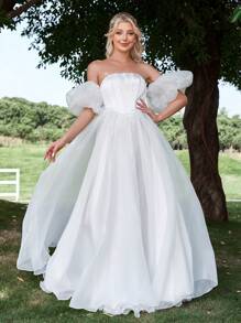Off Shoulder Puff Sleeve Organza Wedding Dress - White - View 5