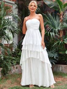 Layer Mesh Hem Tube Wedding Dress Without Veil - White - View 6