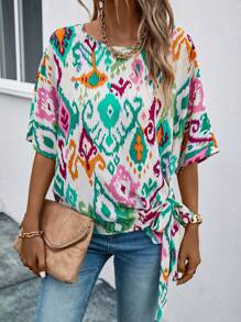 SHEIN LUNE 滿版印花蝙蝠袖側打結襯衫 - 彩色 - 查看 4