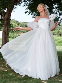 Off Shoulder Puff Sleeve Organza Wedding Dress - White - View 6