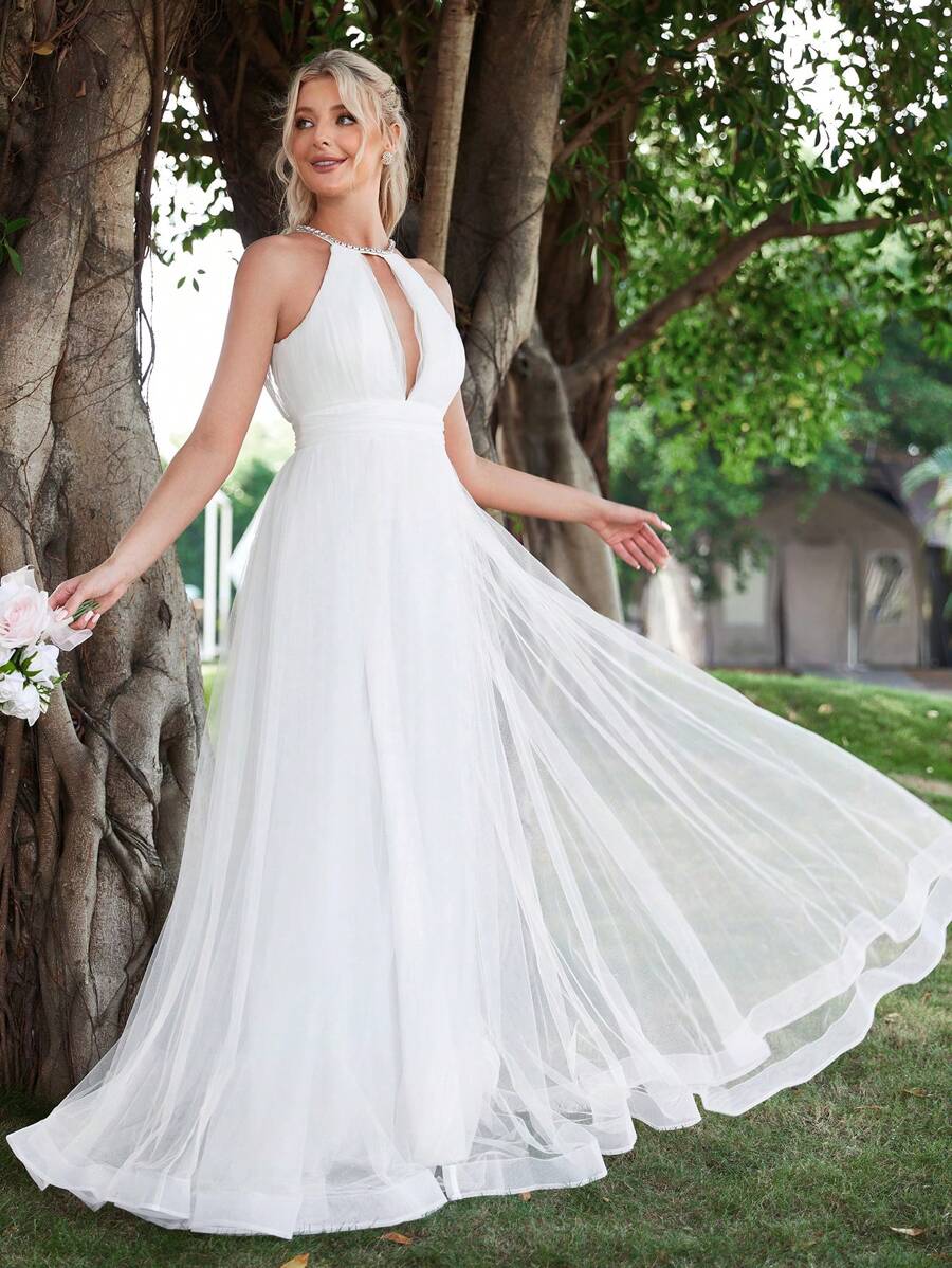 Contrast Mesh Halter Neck Backless Floor Length Wedding Dress | SHEIN USA