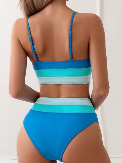 Ensemble bikini taille haute à blocs de couleur