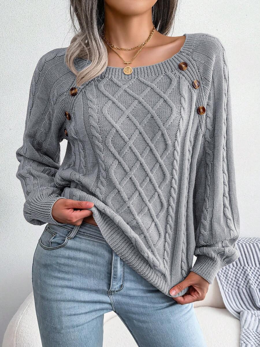 Cable Knit Button Detail Raglan Sleeve Sweater - Grey - View 1