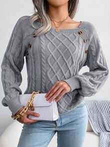 Cable Knit Button Detail Raglan Sleeve Sweater - Grey - View 3