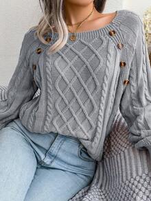 Cable Knit Button Detail Raglan Sleeve Sweater - Grey - View 4
