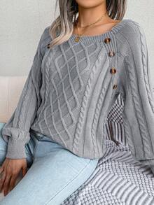 Cable Knit Button Detail Raglan Sleeve Sweater - Grey - View 5
