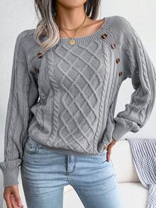 Cable Knit Button Detail Raglan Sleeve Sweater - Grey - View 6