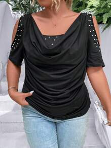 SHEIN Clasi 大碼珍珠串珠垂領挖肩褶邊T恤 - 黑色 - 查看 1