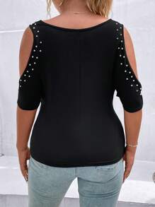 SHEIN Clasi 大碼珍珠串珠垂領挖肩褶邊T恤 - 黑色 - 查看 2