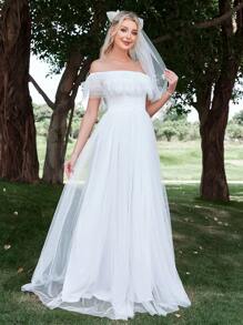 一字肩荷葉邊網紗婚紗連衣裙不附面紗 - 白色 - 查看 1