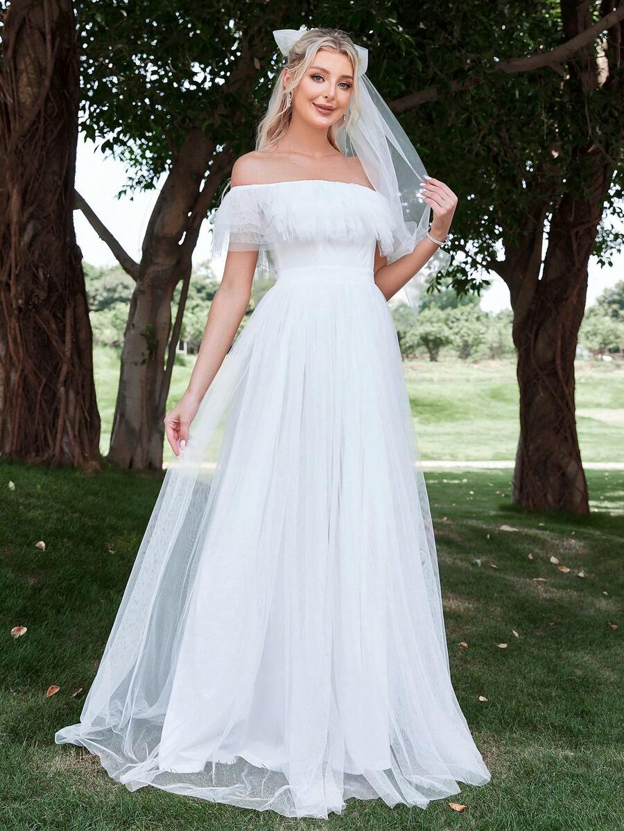 一字肩荷葉邊網紗婚紗連衣裙不附面紗 - 白色 - 查看 1