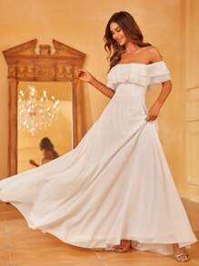 一字肩荷葉邊雪紡婚紗連衣裙 - 白色 - 查看 1