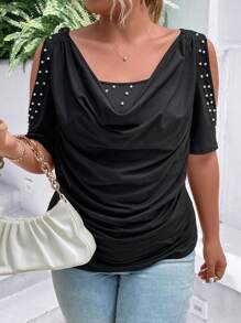 SHEIN Clasi 大碼珍珠串珠垂領挖肩褶邊T恤 - 黑色 - 查看 3