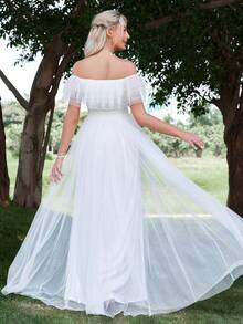 一字肩荷葉邊網紗婚紗連衣裙不附面紗 - 白色 - 查看 2