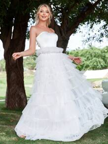 Ruffle Trim Mesh Tube Dress - White - View 4