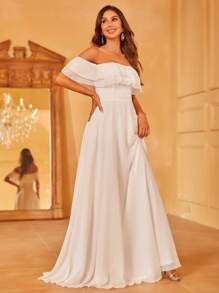 一字肩荷葉邊雪紡婚紗連衣裙 - 白色 - 查看 3