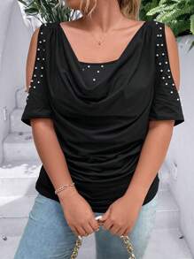 SHEIN Clasi 大碼珍珠串珠垂領挖肩褶邊T恤 - 黑色 - 查看 5