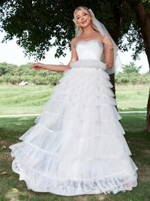 Ruffle Trim Mesh Tube Dress - White - View 5