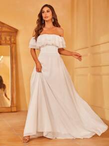 一字肩荷葉邊雪紡婚紗連衣裙 - 白色 - 查看 4