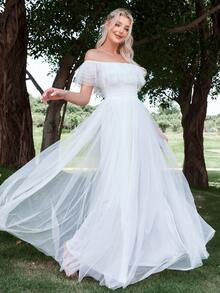 一字肩荷葉邊網紗婚紗連衣裙不附面紗 - 白色 - 查看 3