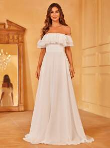 一字肩荷葉邊雪紡婚紗連衣裙 - 白色 - 查看 5