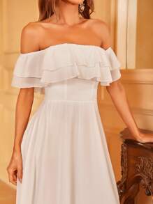 一字肩荷葉邊雪紡婚紗連衣裙 - 白色 - 查看 6