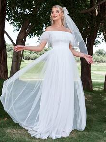 一字肩荷葉邊網紗婚紗連衣裙不附面紗 - 白色 - 查看 4