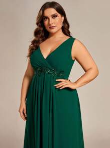 EVERPRETTY Talla grande Vestido de dama de honor con lentejuela en contraste de gasa - Verde Oscuro - Ver 4