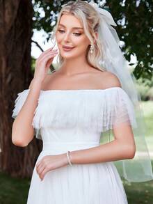 一字肩荷葉邊網紗婚紗連衣裙不附面紗 - 白色 - 查看 5