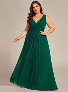 EVERPRETTY Talla grande Vestido de dama de honor con lentejuela en contraste de gasa - Verde Oscuro - Ver 5