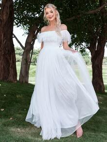 一字肩荷葉邊網紗婚紗連衣裙不附面紗 - 白色 - 查看 6