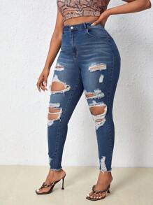SHEIN SXY Plus High Waist Ripped Raw Cut Skinny Jeans - Medium Wash - View 3