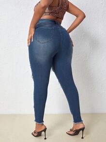 SHEIN SXY Plus High Waist Ripped Raw Cut Skinny Jeans - Medium Wash - View 2