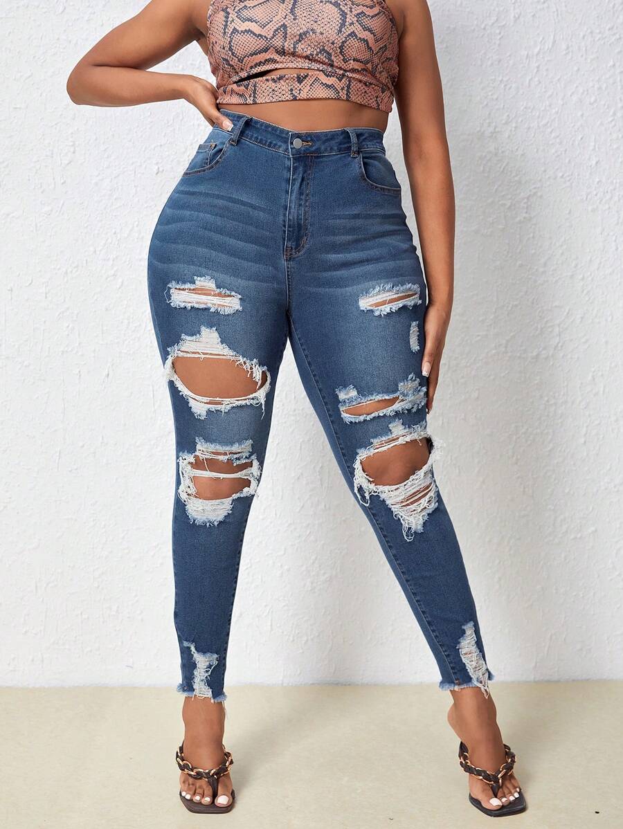 SHEIN SXY Plus High Waist Ripped Raw Cut Skinny Jeans - Medium Wash - View 1