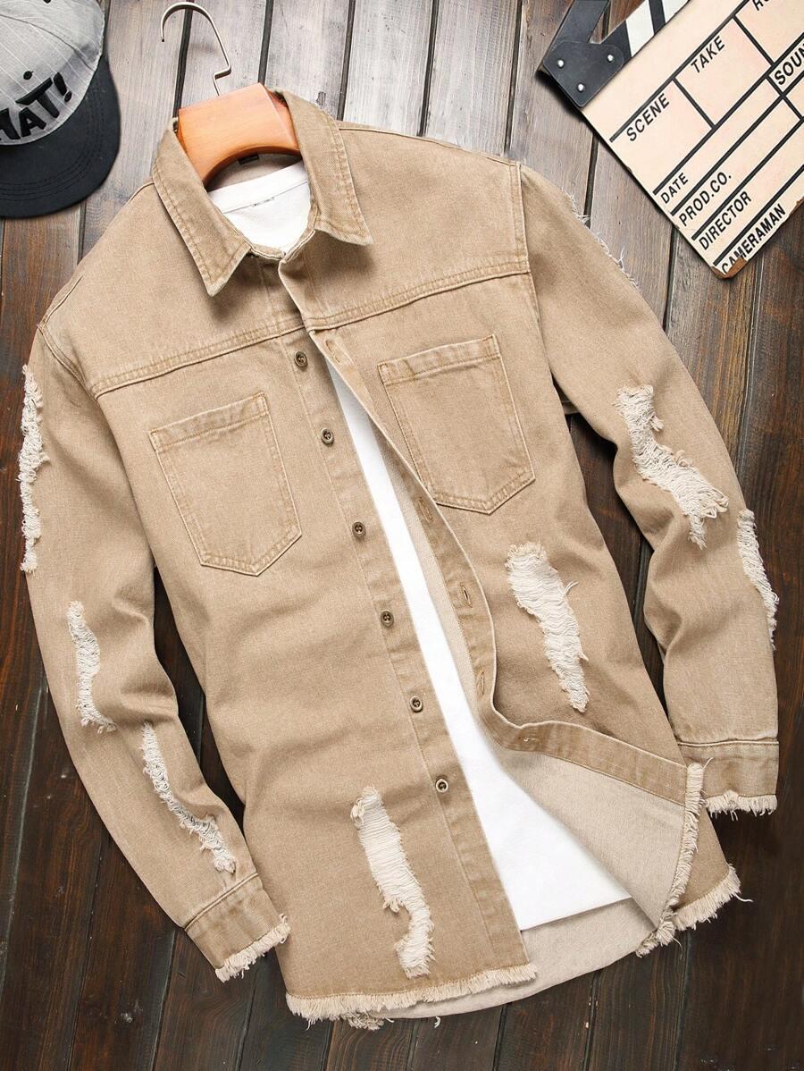 Manfinity Roughcore Men Ripped Frayed Raw Trim Denim Shirt Without Tee - Khaki - View 1