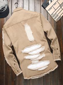 Manfinity Roughcore Men Ripped Frayed Raw Trim Denim Shirt Without Tee - Khaki - View 9