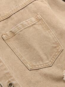 Manfinity Roughcore Men Ripped Frayed Raw Trim Denim Shirt Without Tee - Khaki - View 3