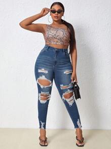 SHEIN SXY Plus High Waist Ripped Raw Cut Skinny Jeans - Medium Wash - View 4