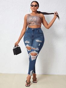 SHEIN SXY Plus High Waist Ripped Raw Cut Skinny Jeans - Medium Wash - View 5