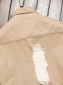 Manfinity Roughcore Men Ripped Frayed Raw Trim Denim Shirt Without Tee - Khaki - View 6