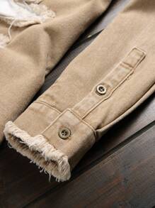 Manfinity Roughcore Men Ripped Frayed Raw Trim Denim Shirt Without Tee - Khaki - View 7