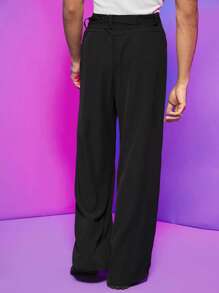 FeverCity Men Solid Wide Leg Belted Pants - Black - View 2
