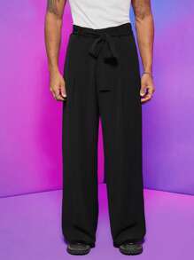 FeverCity Men Solid Wide Leg Belted Pants - Black - View 1