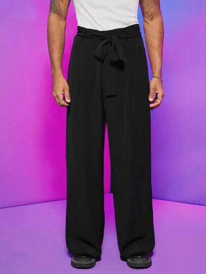 FeverCity Men Solid Wide Leg Belted Pants