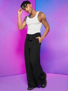 FeverCity Men Solid Wide Leg Belted Pants - Black - View 3