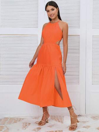 SHEIN Privé Utskuren Split Thigh Nederkant med volanger Klänning med Halter-Neck