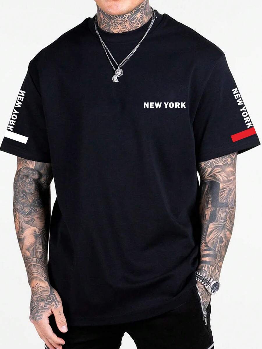 Manfinity 男士字母圖案T恤 - 黑色 - 查看 1