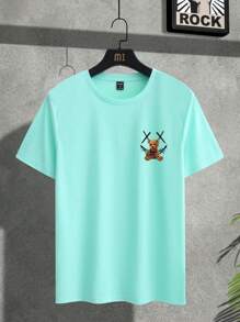 Manfinity LEGND Men Bear Print Tee, Mint Green Graphic Tee Men, Light Blue Graphic Tee Men, Manfinity Hupemode Men Summer Casual Color Block Letter Print Short Sleeve T Shirt For Going Out For Friends - Mint Green - View 2